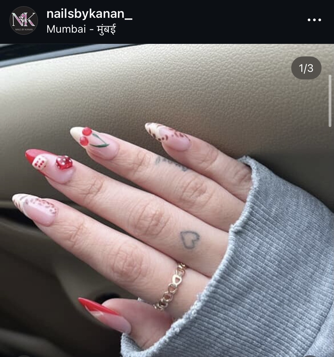 Cherry nail art with soft french tips